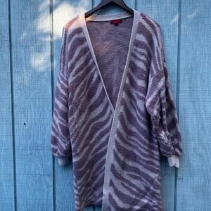 ❌SOLD❌Jennifer Lopez‎ Zebra Print Fuzzy Long Cardigan Sweater XL Purple Gray
